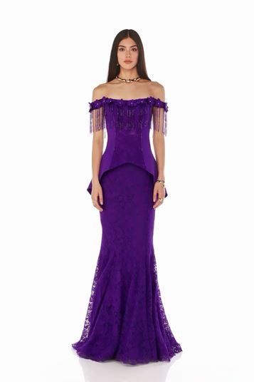 Purple Boat Neck Off Shoulder Tassel Evening Dress